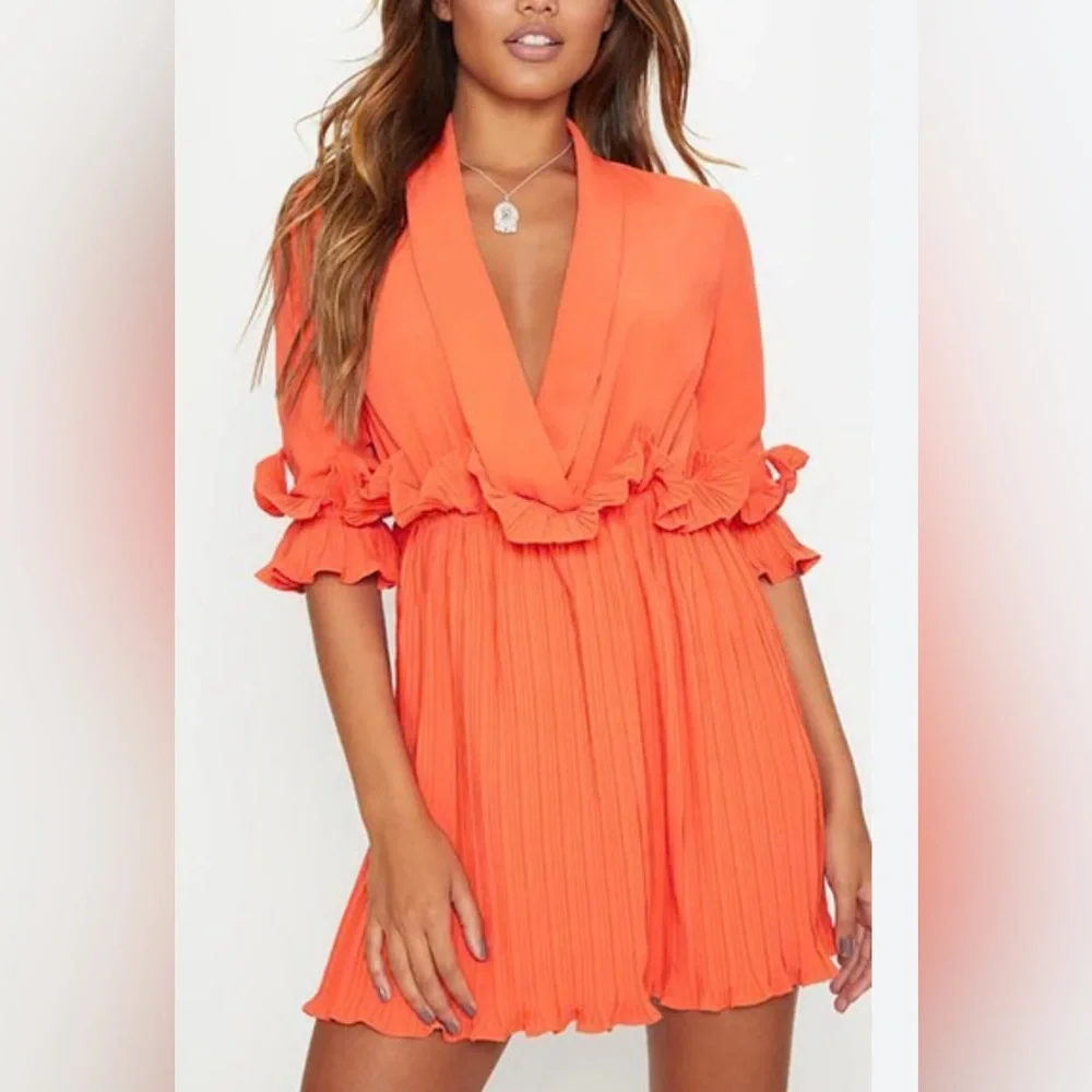 Stunning Orange dress with deep v neck and ruffle detail spring/summer dress - Picture 5 of 15